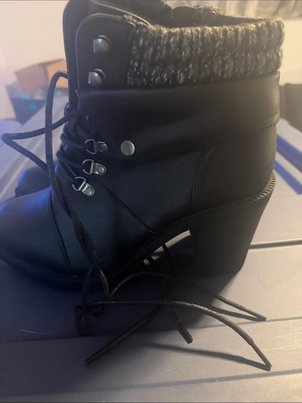 NWOB torrid Black Lace-Up Block Heel Ankle Boot with Knit Cuff